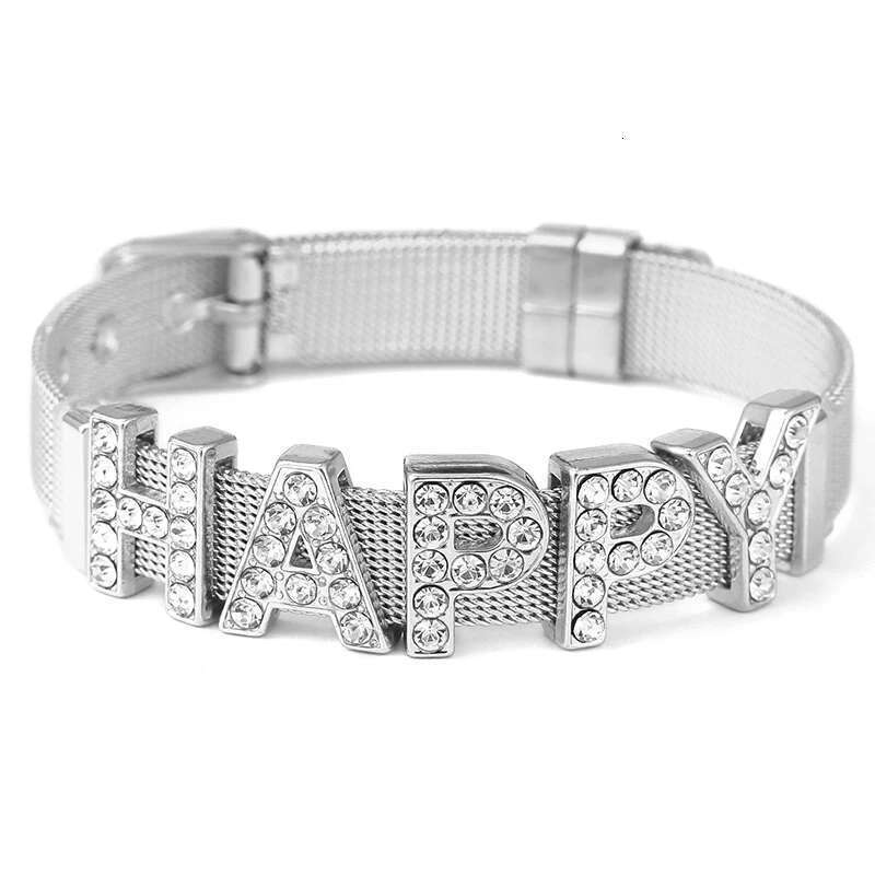 10mm Crystal HAPPY Beads Charm Bracelets DIY Mesh Keeper Bracelets Bangle Pulseras Mujer For Women Men Best Fashion Jewelry Gift