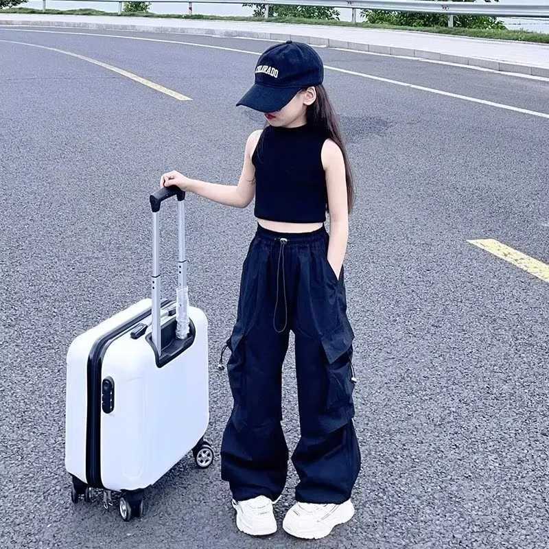 Girls Casual Cargo Pants Kids Solid Colour Sweatpants Children Vintage Streetwear Hip Hop Pants New Elastic Waist Baggy TrousersT250318