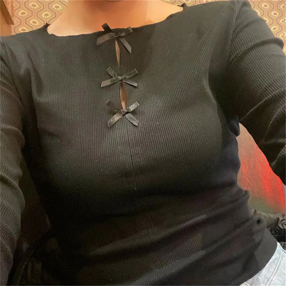 Bow Hollowed Out Sweet T-shirt Summer Slimming Long Sleeved T-shirt Women Blouses Korean Spicy Girl Bottoms Y2k Korean Tops 250319