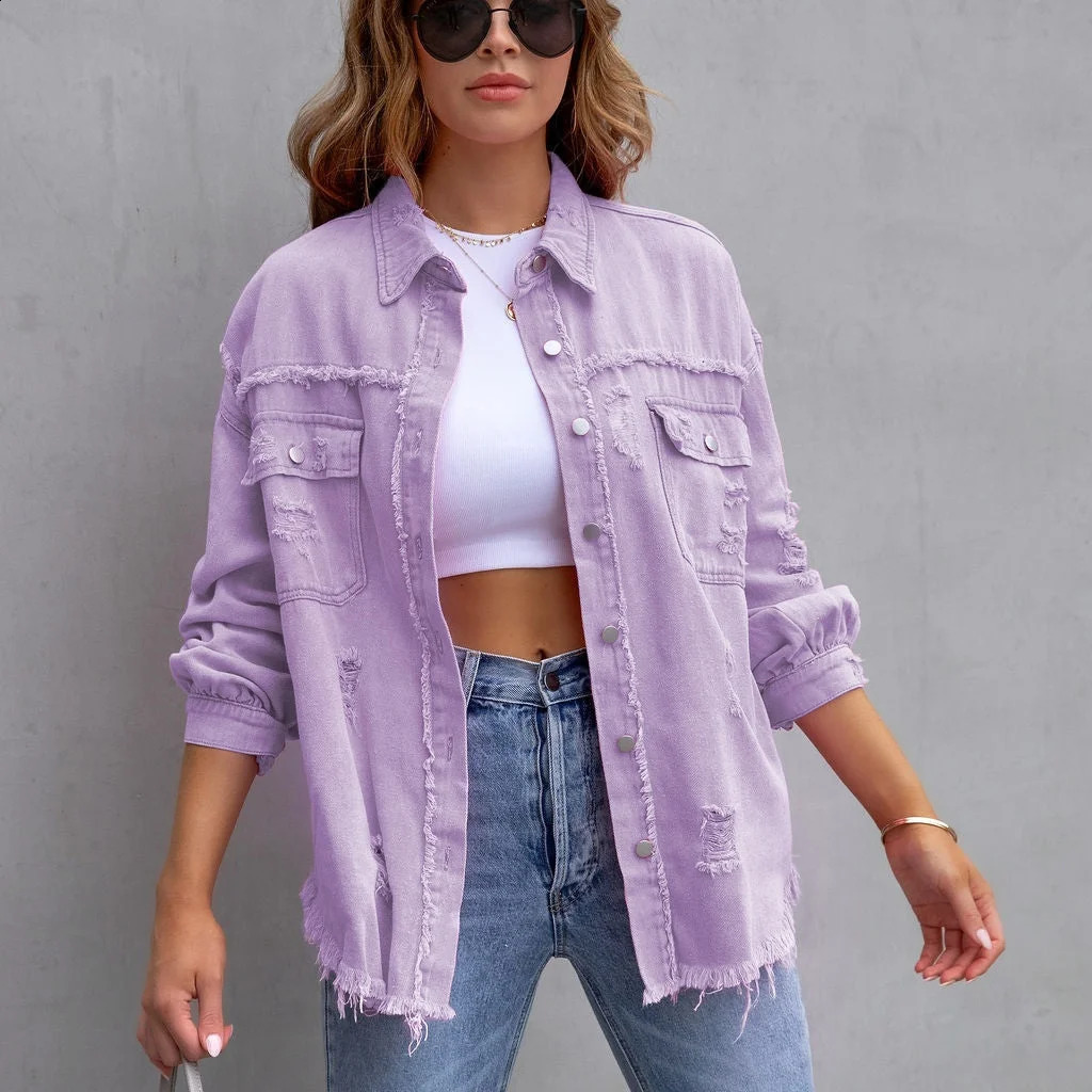 Autumn womens casual denim jacket solid hollow fully matched multicolor fashionable street clothing loose retro 250319