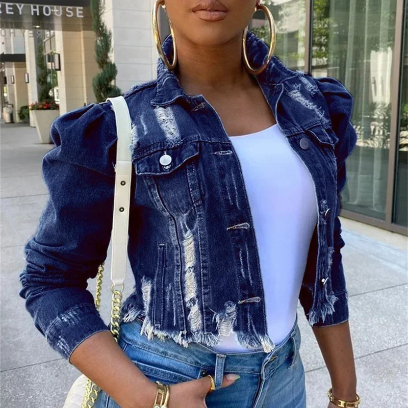 Fashionable Bubble Long Sleeve Collar Button Spliced Denim Jacket for Womens Piercing Tassel Trend Street Clothing 250319