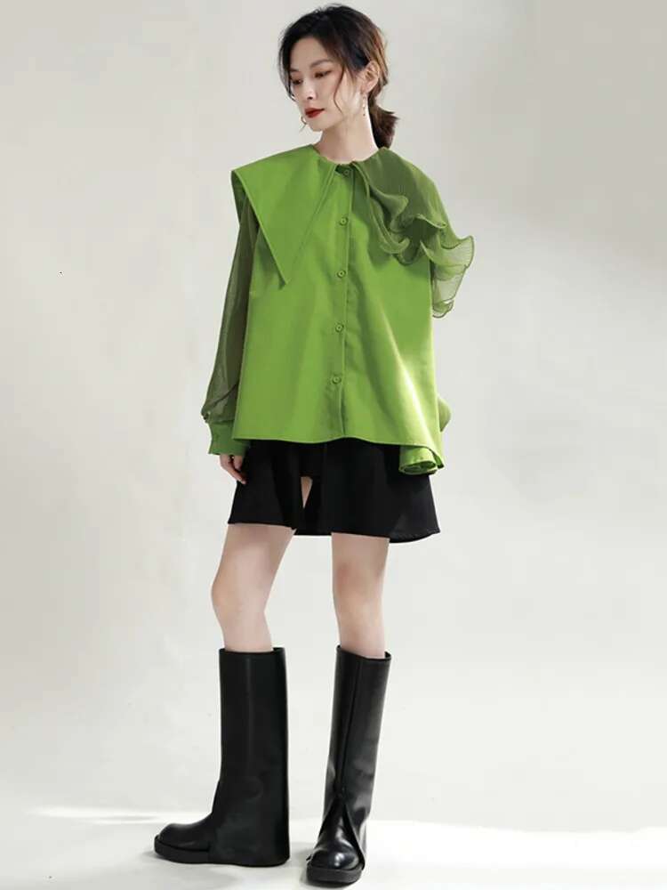 Women Green Pleated Belted Big Size Blouse New Lapel Long Sleeve Loose Fit Shirt Fashion Tide Spring Autumn 2025 1De3661