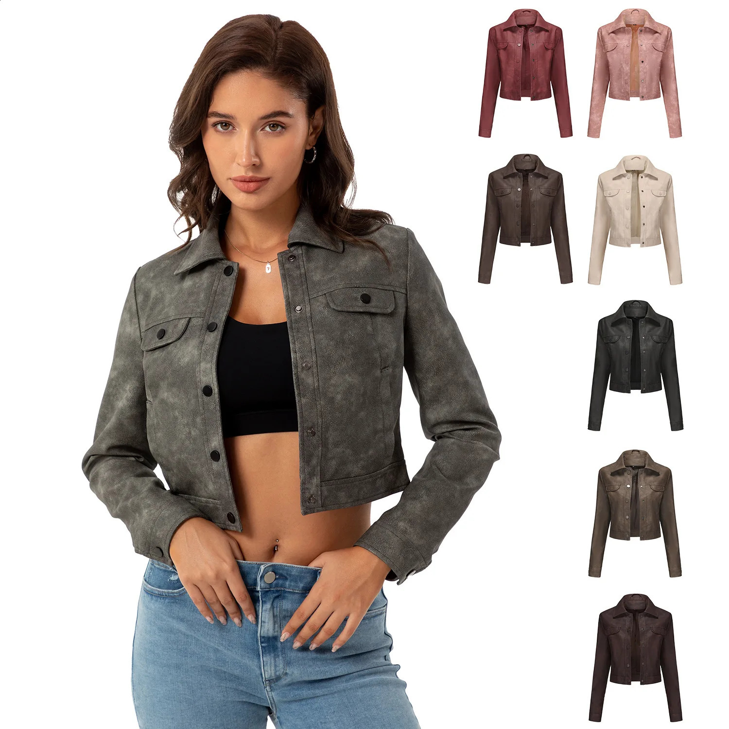 Womens leather jacket for springsummer womens thin multi pocket cardigan wool sweater casual coat 250317