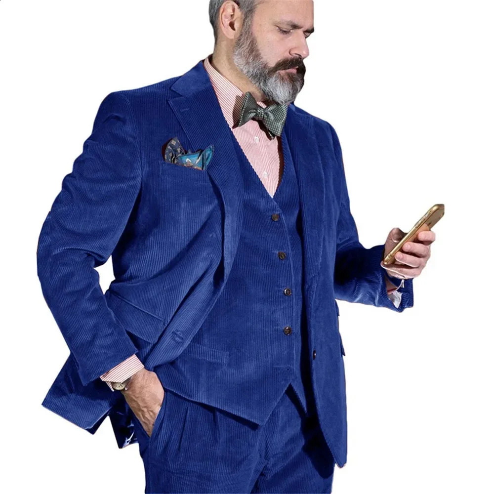 Elegant Men Suit Sets Fashion Corduroy Blazer Vest Pants 3 Pieces Wedding Party Groomsman Tailormade Slim Fit Formal Costumes 250311