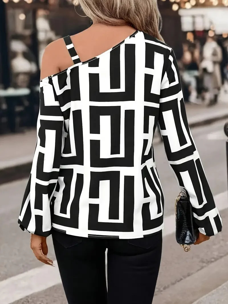 Elegant Geometric Printed Womens Shirt Spring 2025 Product Diagonal Neck Shoulder Long Sleeve Hoodie Casual for Women 250319