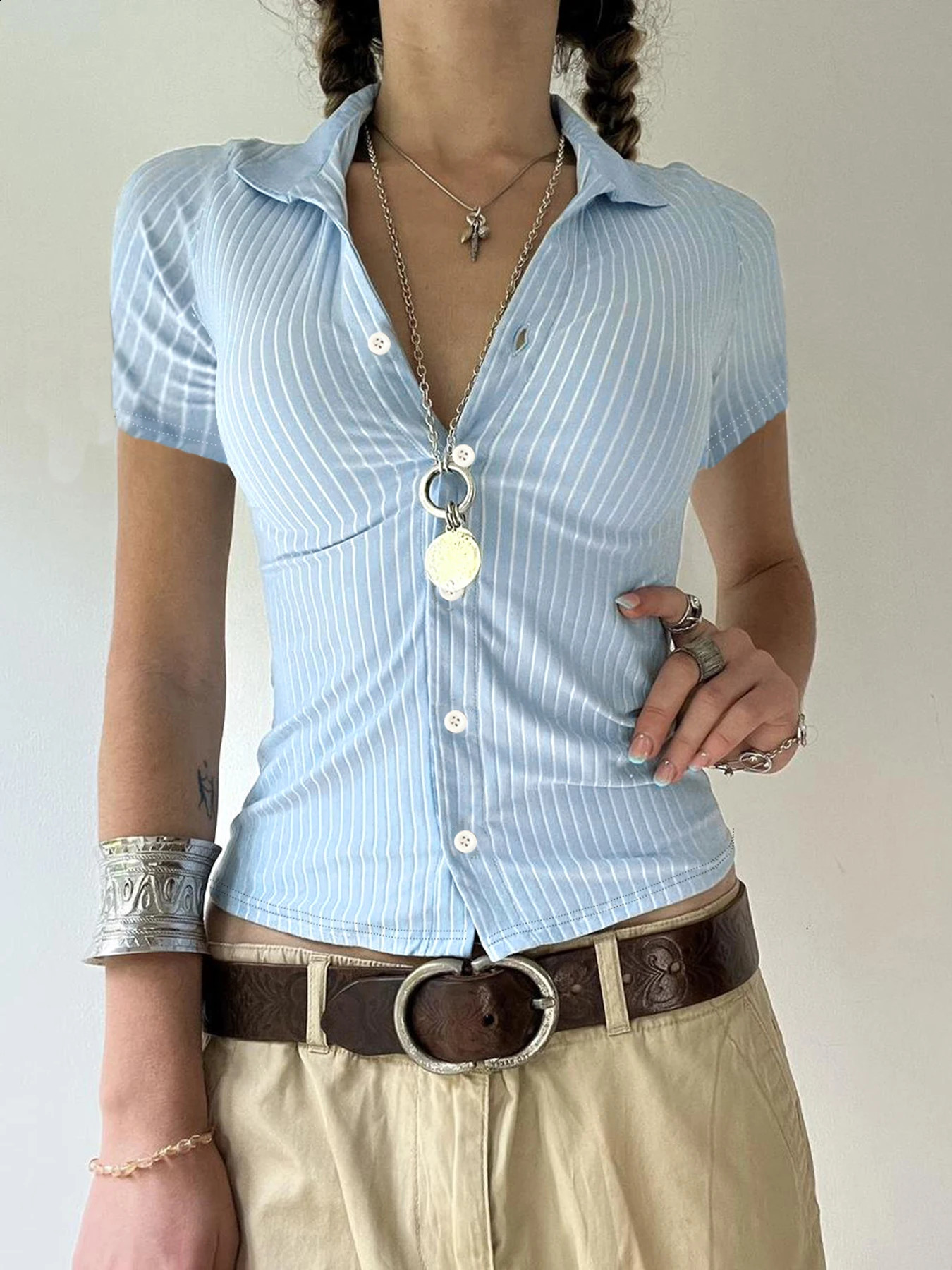 Sweetown Blue Stripe Short Sleeve Shirts For Women Button Up Turn Down Collar Slim Simple Casual Preppy Tops Basic Summer Tees 250319