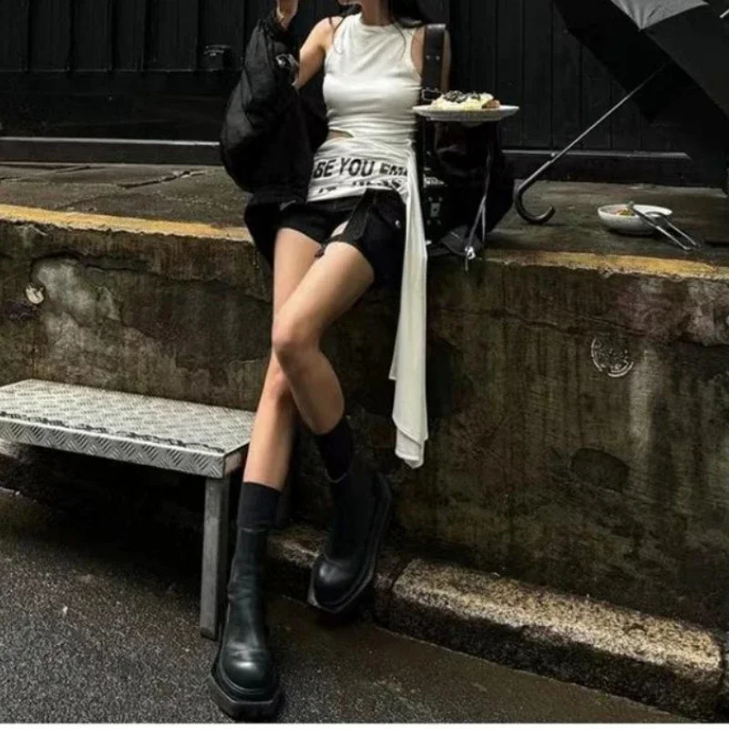 High Street Sweet Cool O Neck Sleeveless Camisoles Personality Lrregular Hollow Out T Shirts Harajuku Gothic Y2k American Tops 250319