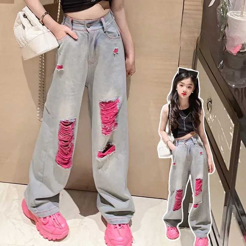Girls pants summer 2024 new childrens loose Western style large childrens casual torn denim wide leg pantsT250318