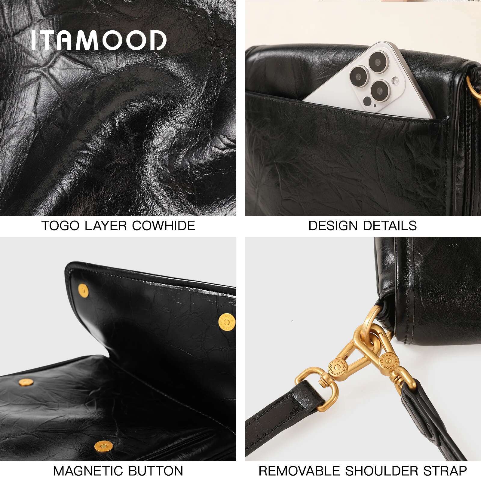 ITAMOOD Vintage-Style Shoulder Bag With Adjustable Strap 2-Layer Cowhide Leather Water-Resistant Magnetic Closure