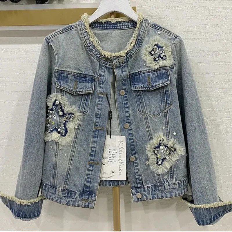 Womens denim jacket spring/summer heavy industry beaded denim jacket fashionable O-neck short dress womens clothing 250317