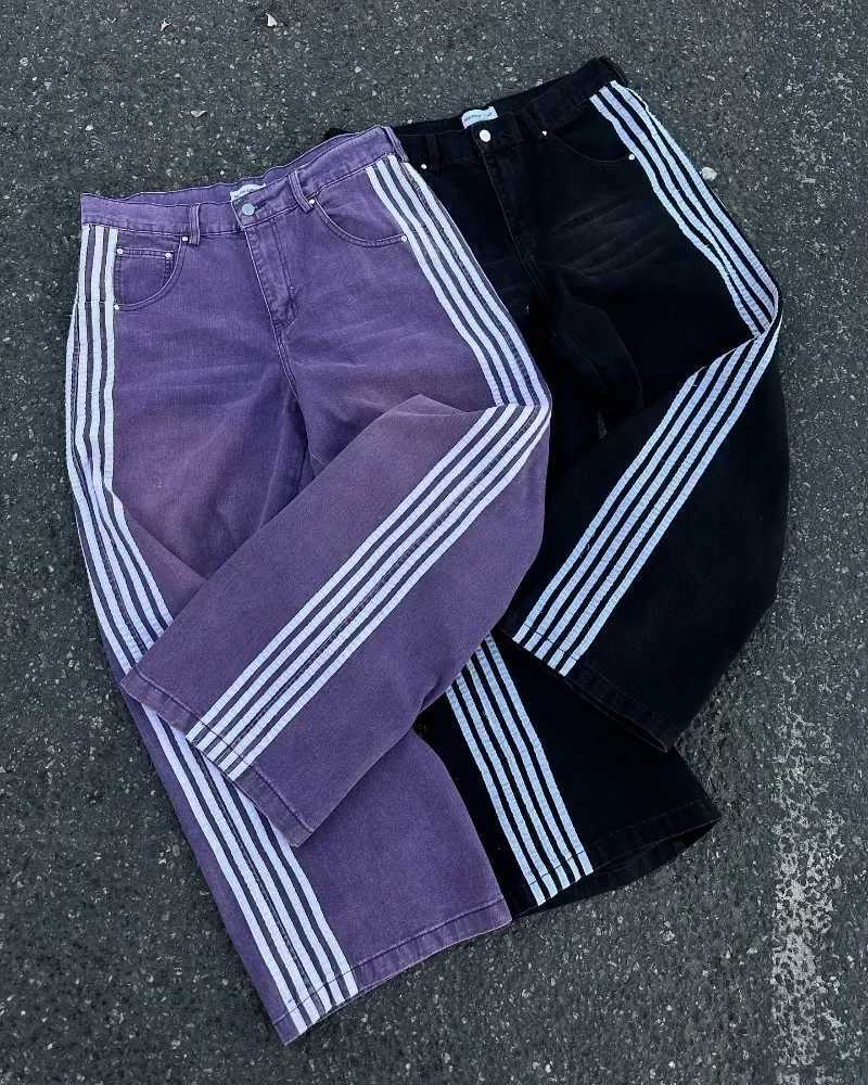 High Street retro striped embroidered high waisted jeans mens casual pants Harajuku hip-hop street bag wide leg jeansT250319