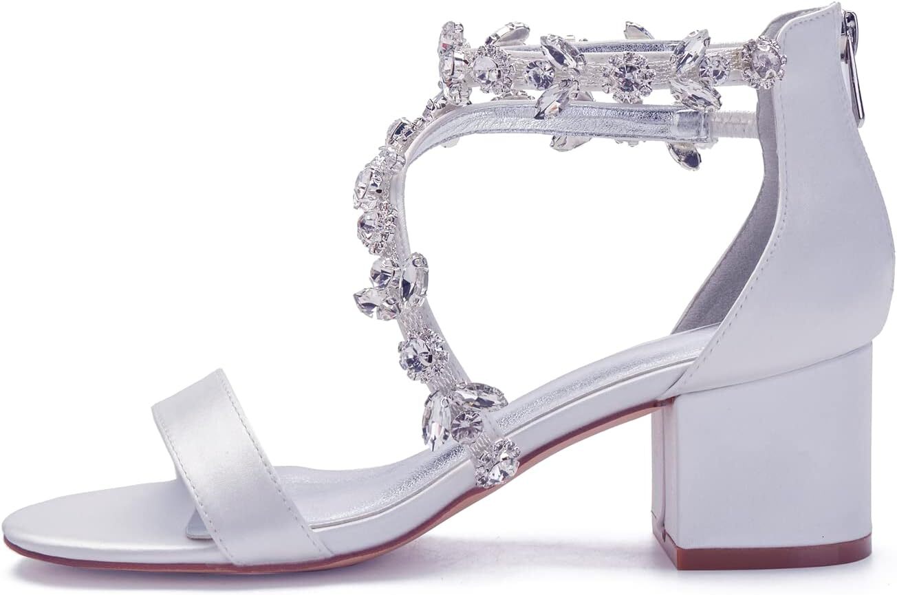 2025 New With Box Designer Women's heeled sandals with thick heels and ankle straps, crystal wedding dress shoes, low heeled comfortable high hee