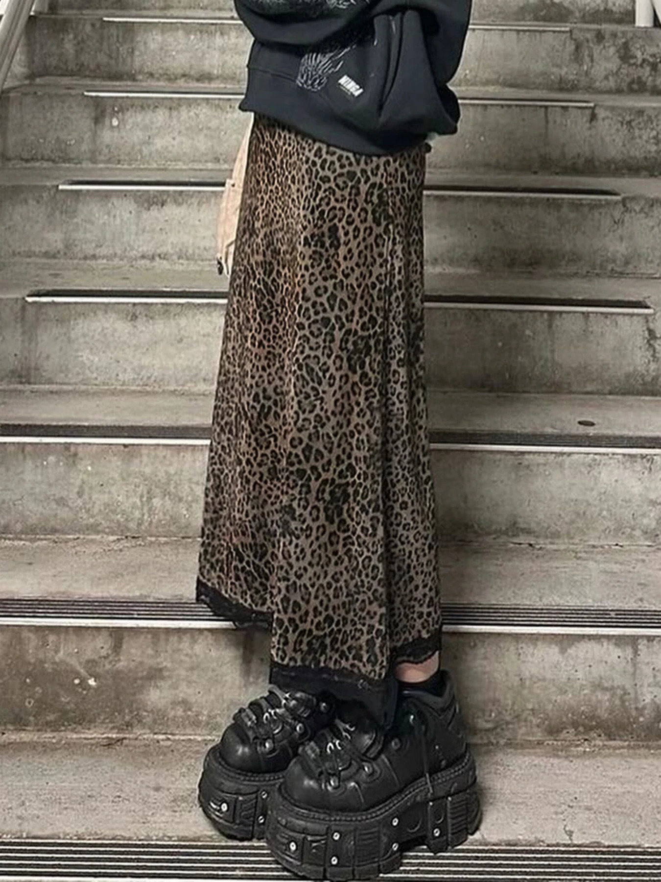 Rockmore Gothic Leopard Print Patchwork Lace Long Skirts Vintage Streetwear Y2K Straight Skirts Lady Harajuku Fashion Aesthetic 250319