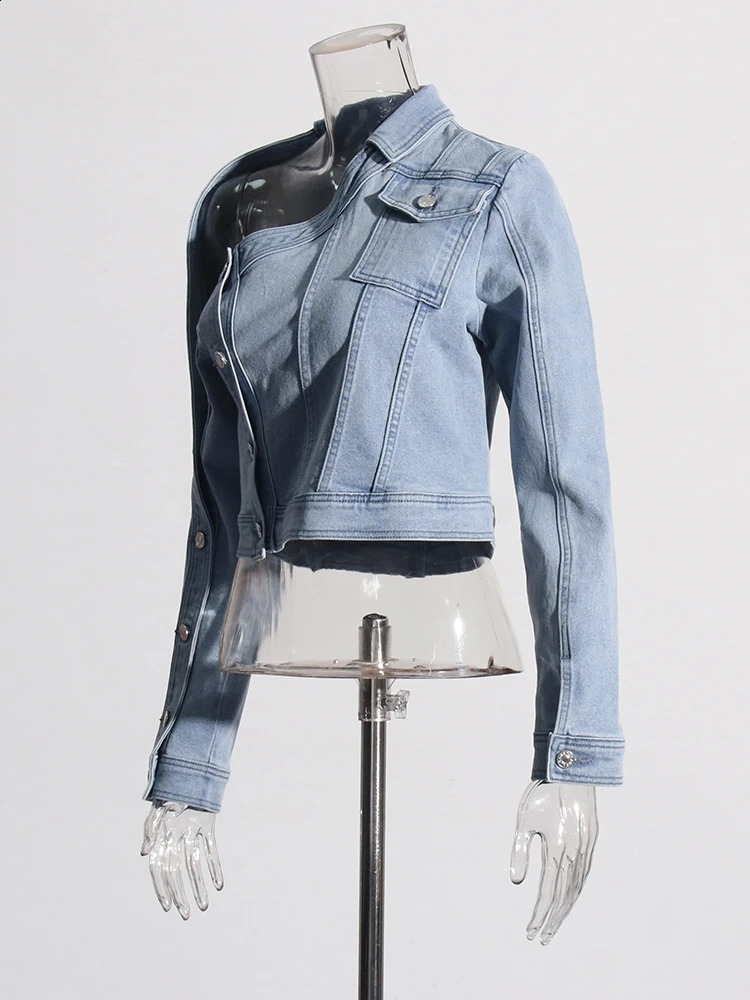 Womens diagonal collar long sleeved patchwork pocket jacket 250319