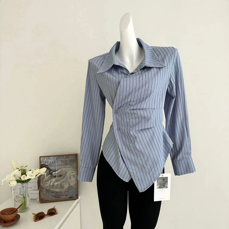 Blue striped womens retro elegant irregular waist white top Korean long sleeved fashionable button ultrathin n 250319