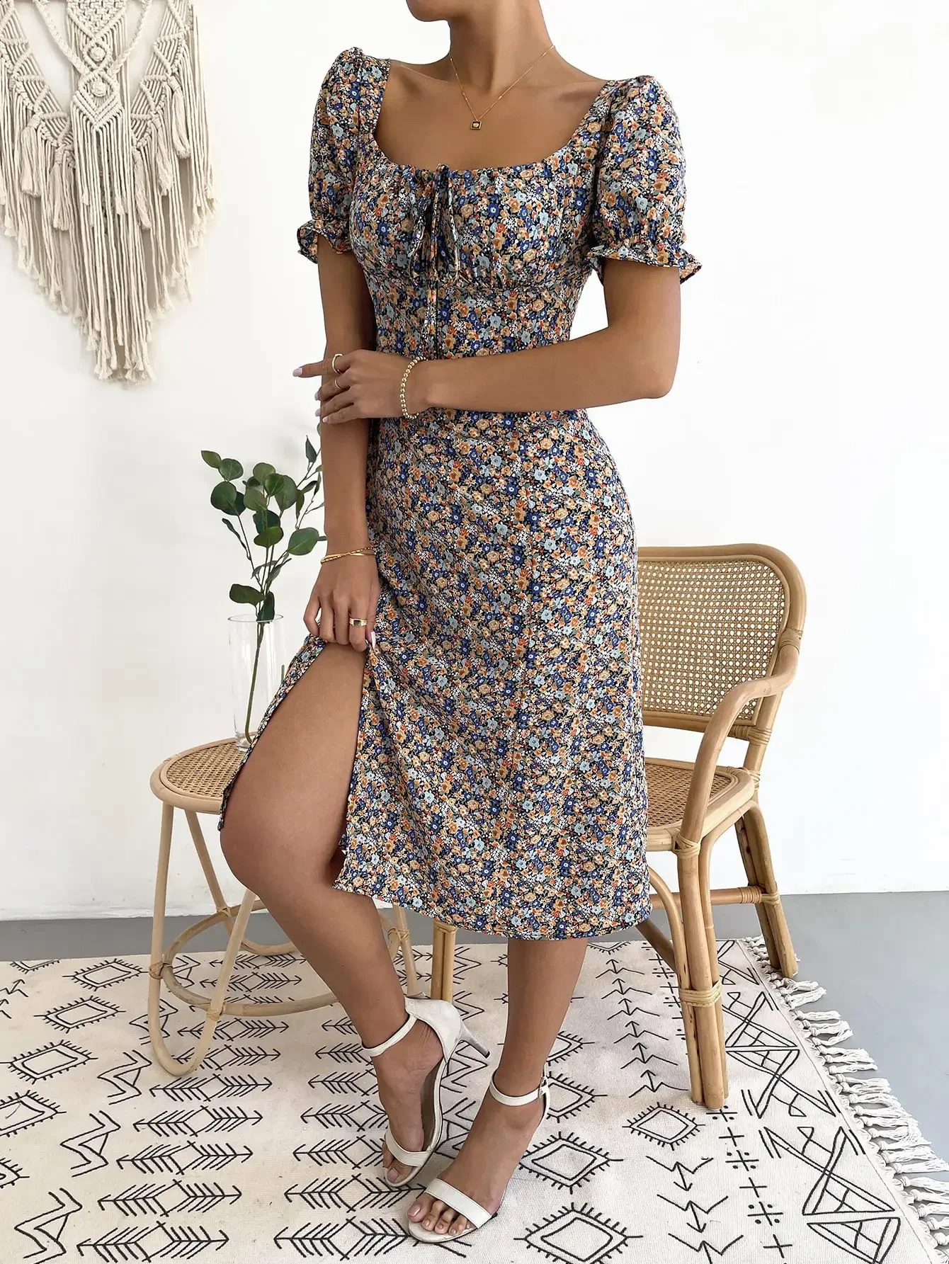 Elegant casual womens dress regular collar short sleeved pleated full body printed Aline skirt boho style 250319