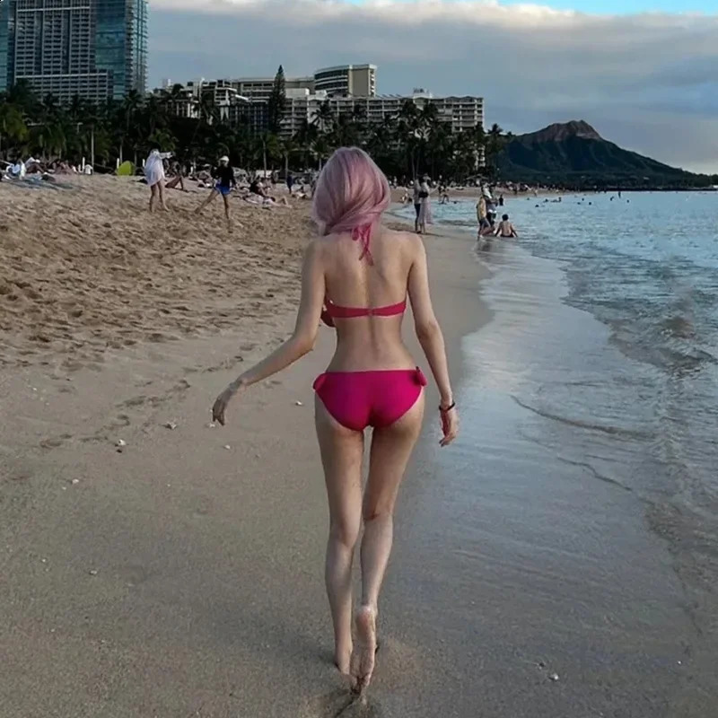 Pink pure desire aesthetic highend feeling swimsuit womens small body gathering bikini big bow display white 250312