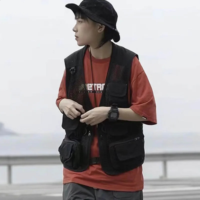 nstyle retro mesh vest spring and autumn casual vertical collar jacket outdoor multipocket looseshouldered overcoat 250319