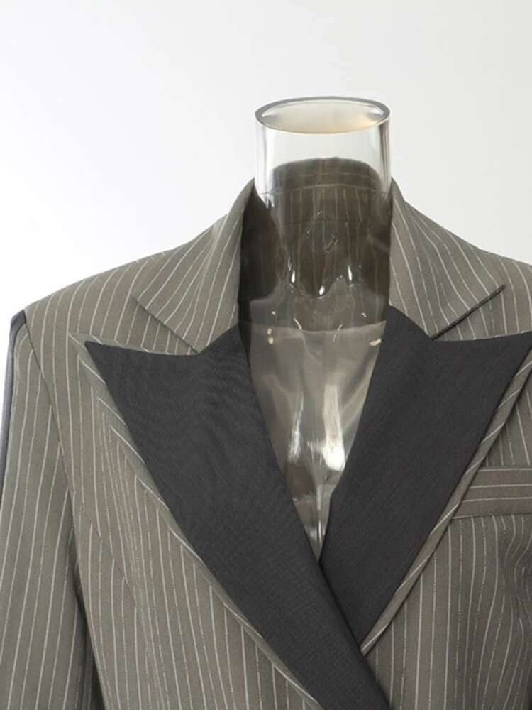Green Striped Color-Block Elegant Blazer Women New Lapel Long Sleeve Jacket Fashion Tide Spring Autumn 2025 1Dh6394