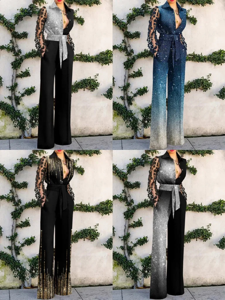 Sexy Jumpsuits Women Fashion Versatile Lace Patchwork Flared Loose Y2k Jump Suits for Female Streetwear SpringSummer 250319