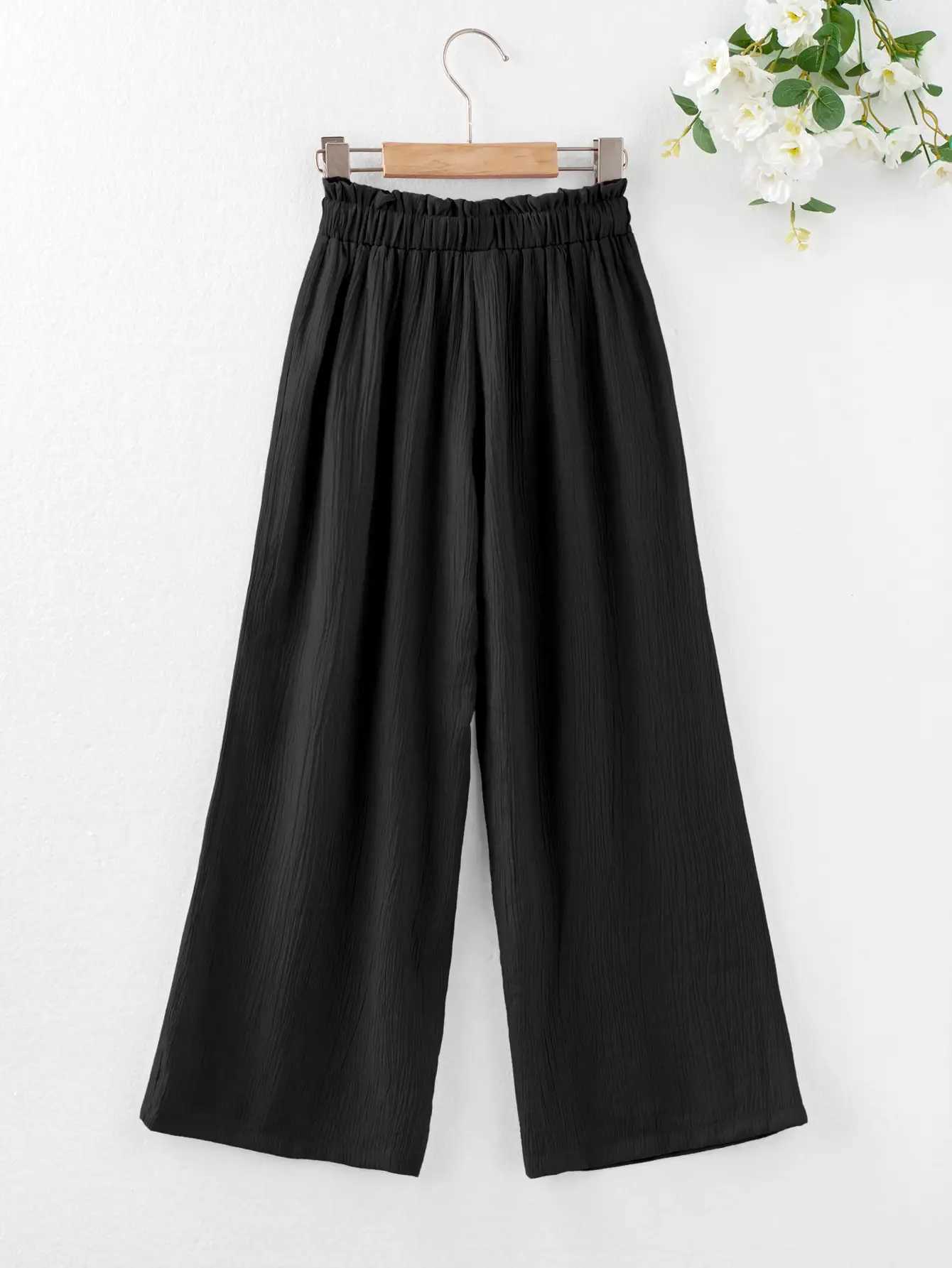 Girls Summer Pants New Casual Loose Waist Wide Leg Pants For Middle And Young Children Solid Color Fine Pattern Long PantsT250318