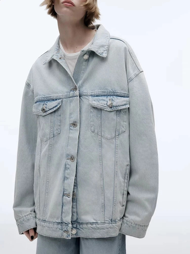 TRAF Womens Fashion Vintage Washed Denim Jacket Single Breasted Long Sleeve Lapel Hundreds of Bottom Shirt 250319