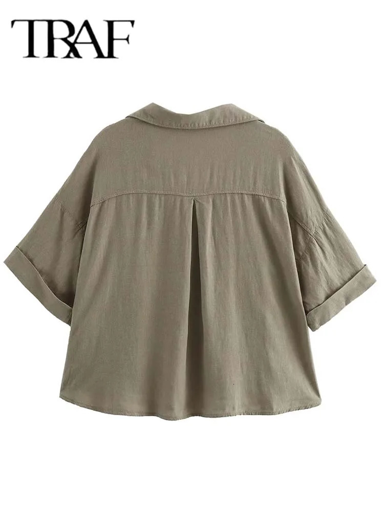 TRAF womens shirt linen blend womens short sleeved casual button up shirt womens top 250318
