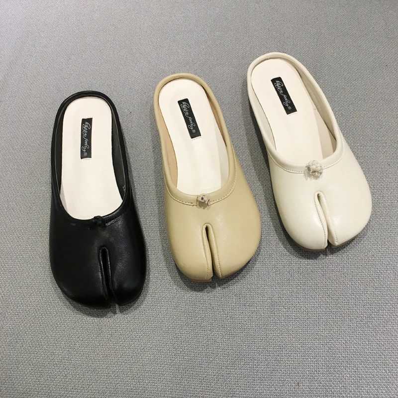flats or ninja round split toe shallow women single shoes lazy slip slingback mules slides leather casual loafersXJ250319