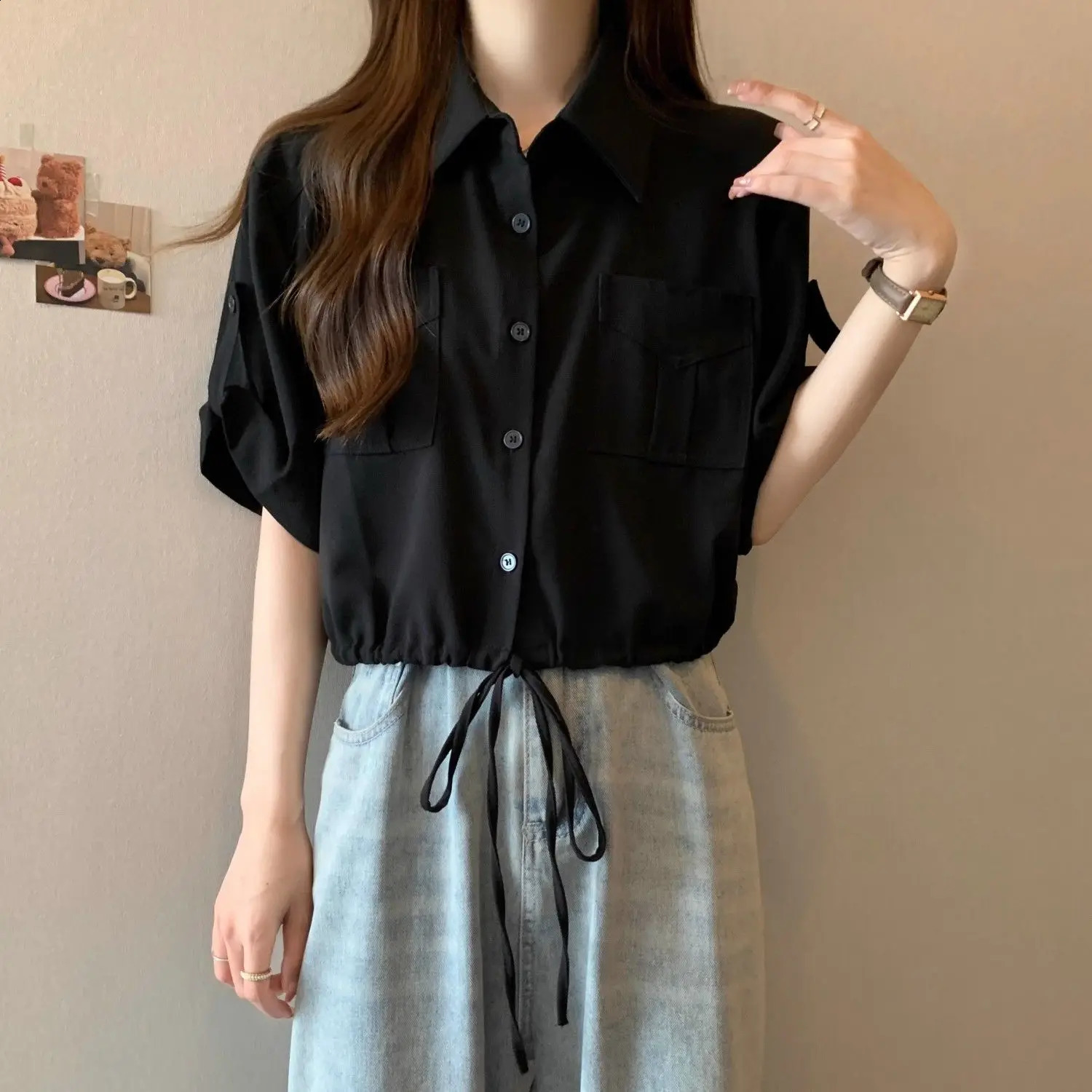 American workwear lace womens summer short top thin large fat MM loose fit n sleeved shirt 250318
