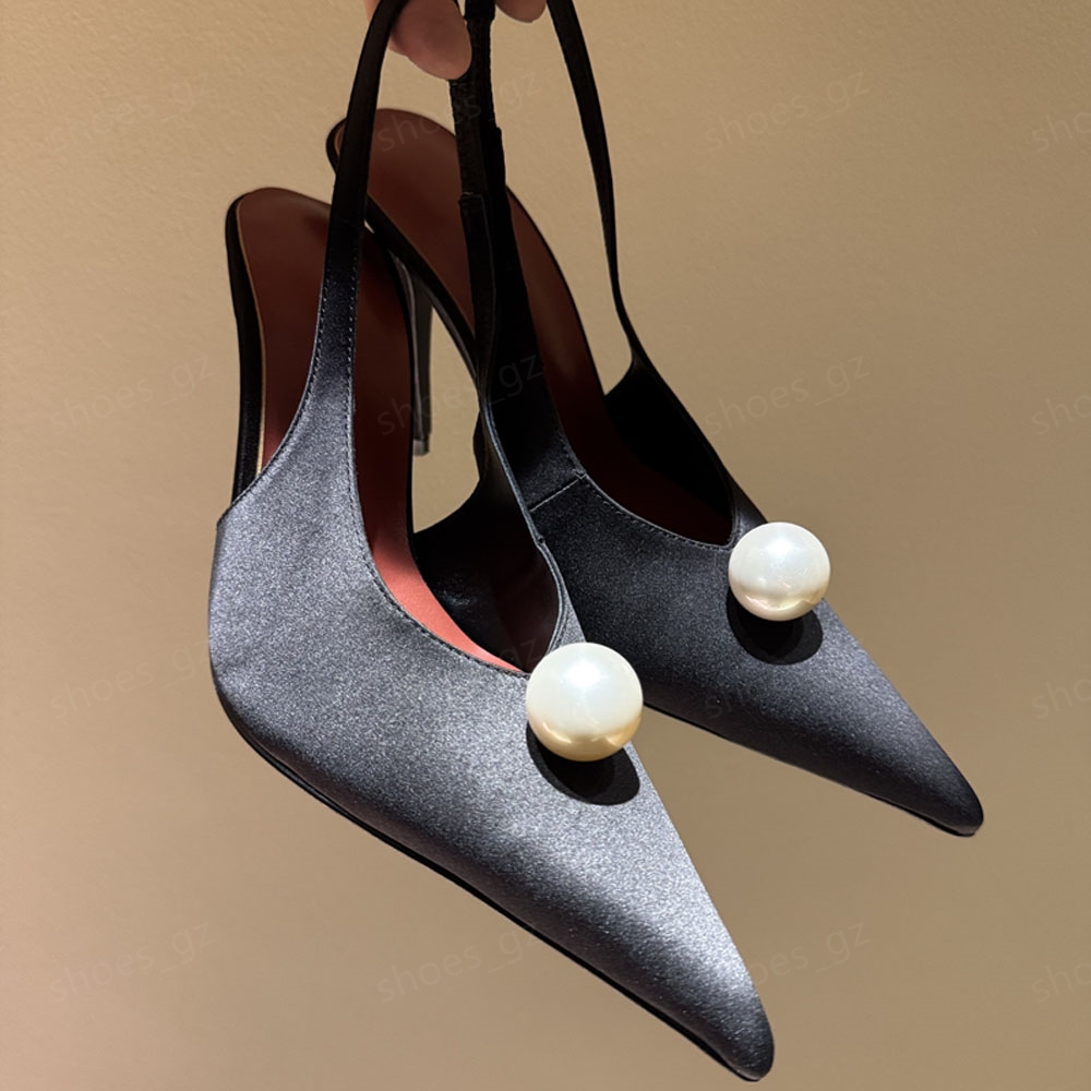 Magda Butrym Faux-Pearl flower Embellished satin Dress shoes Sandals heeled pumps Pointed Toes Slip-on designer high heel Women Evening Party Wedding 