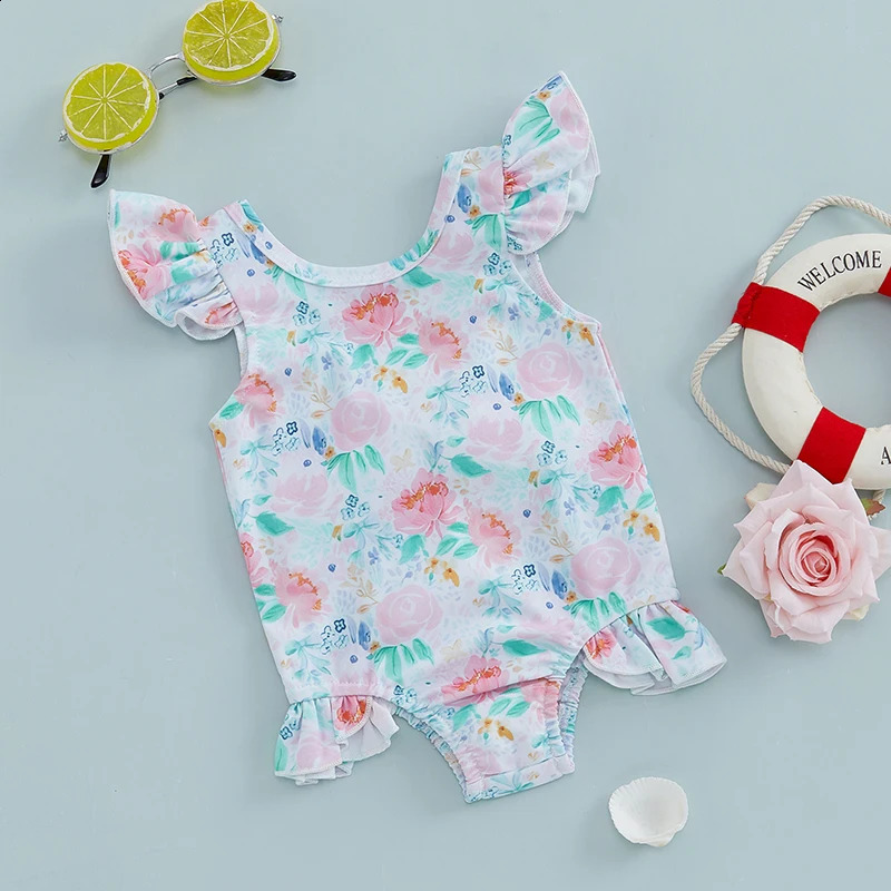 Toddler Girls Swimsuit with Ruffle Sleeves and Cute Floral Print UPF 50 Sun Protection Baby Girls Swimwear 250319