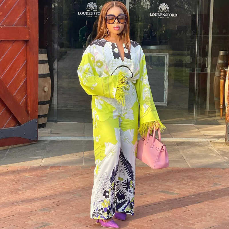 Women's clothing set positioning: floral feather long sleeved shirt, new style long pants, fashionable and casual two-piece set for women 250315
