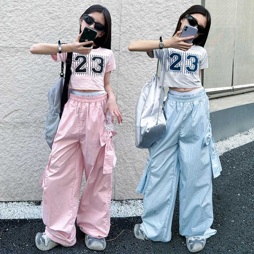 Girls work pants 2024 summer new childrens summer breathable casual pants girls loose straight leg wide leg pants 120-170CMT250318