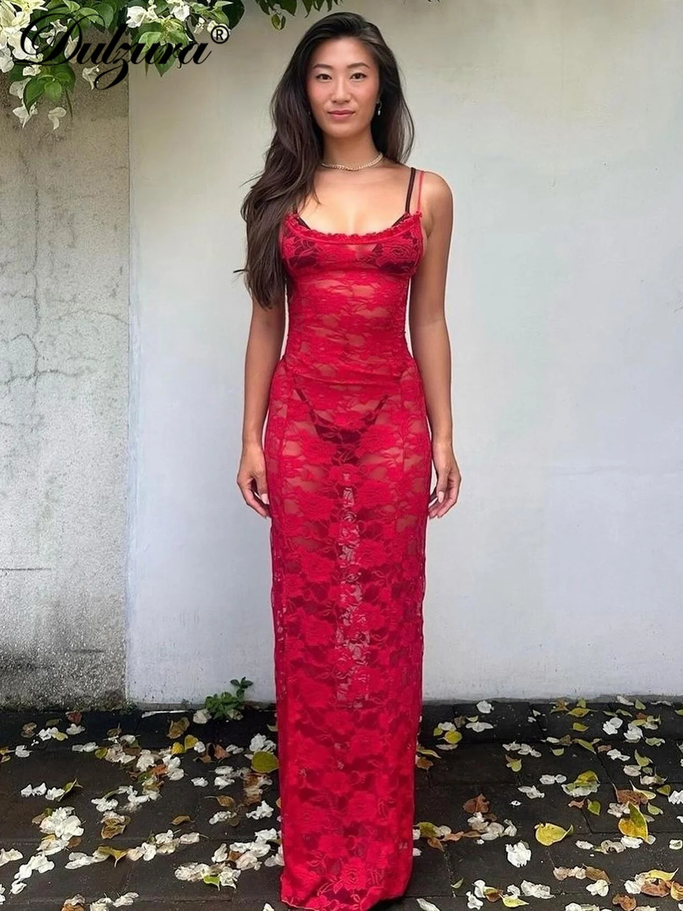 Dulzura See Through Ruffled Patchwork Lace Cami Maxi Dress Sleeveless Sexy Long Dress Party Club Autumn Y2K 250319