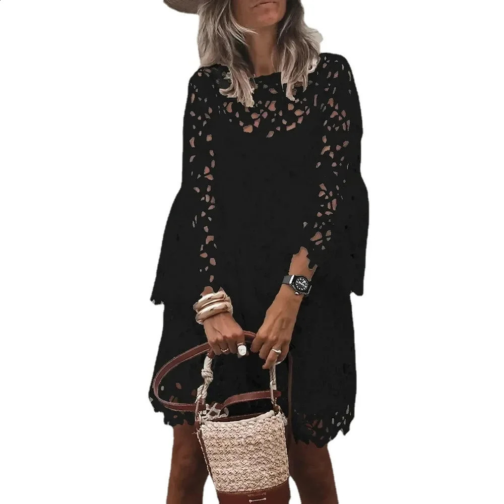 Lace Dress Sling Two Piece Suit Women Autumn Sexy Hollow Out Mini Dresses Female Vintage Elegant Puff Sleeve Short 250319