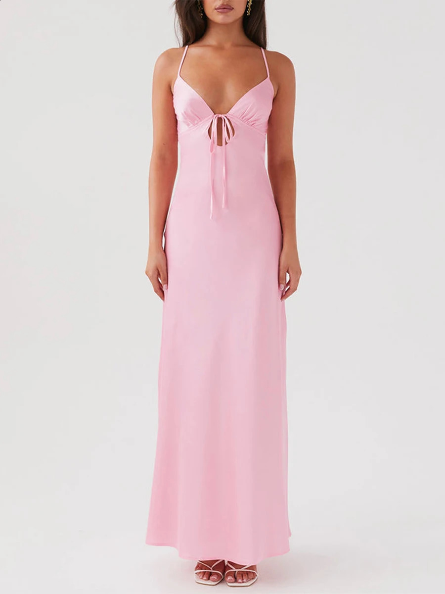 Women Satin Maxi Dress Spaghetti Strap Solid V Neck Cutout Long Dress Bodycon Backless Party Wedding Dress 250319