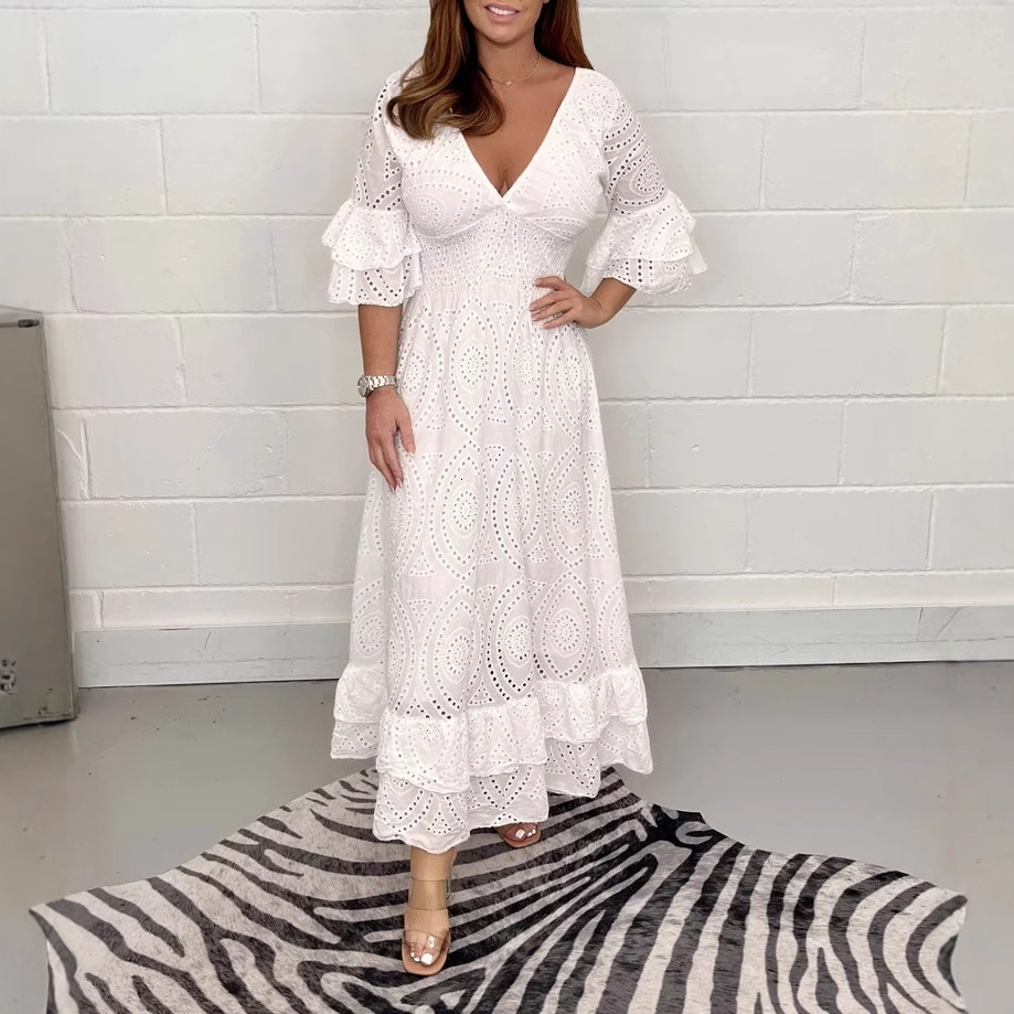 GY24118 Fashion V-neck Flare Sleeve Large Swing Cotton Leprosy Dress New Product