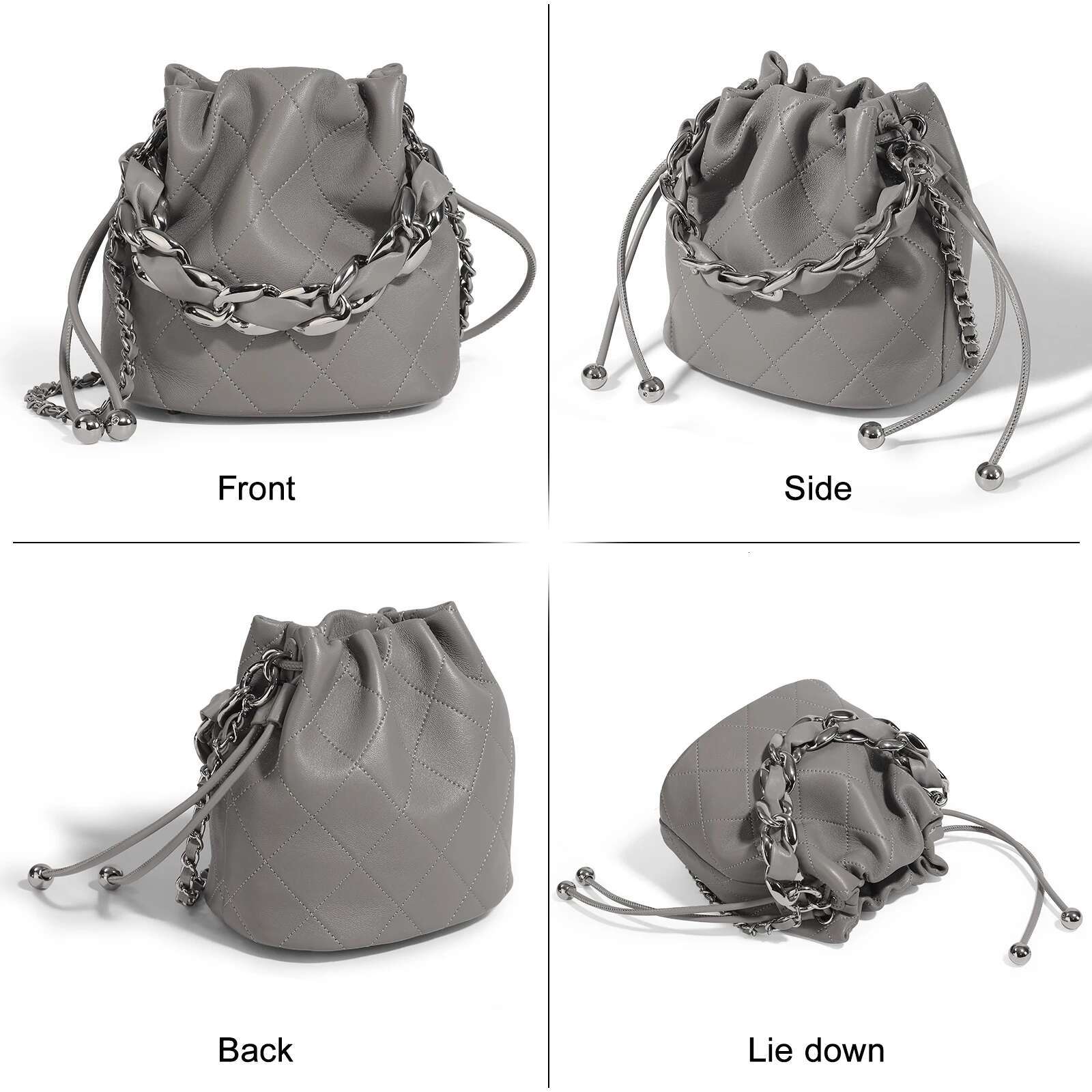 Genuine Leather Quilted Drawstring Bucket Bag Women With Chain Strap Crossbody Handbag For Daily Use And Commuting