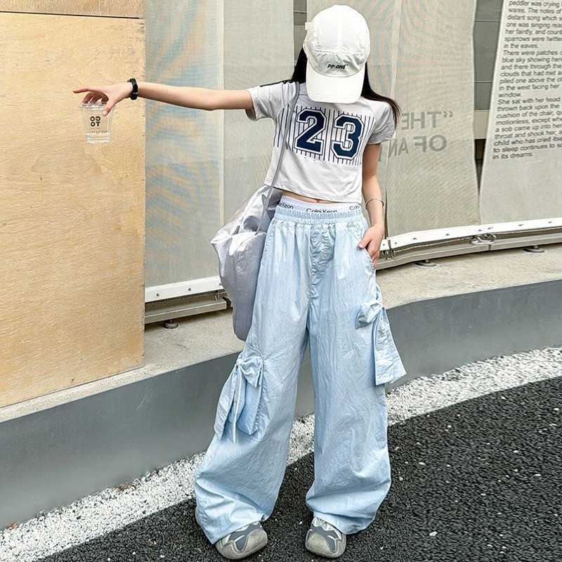 Girls work pants 2024 summer new childrens summer breathable casual pants girls loose straight leg wide leg pants 120-170CMT250318