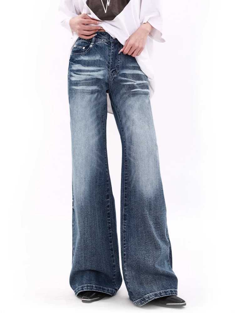HOUZHOU Y2K retro bagged wide leg womens jeans washed casual high waisted loose denim pants streetwear Korean Flared TrousersT250319