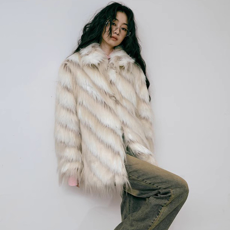 Women's coat mixed color tassel long imitation fox fur coat, women's spicy girl autumn and winter thick loose top