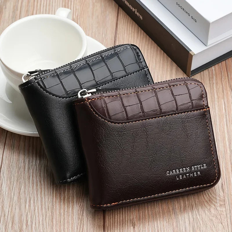 Leather mens wallet mens wallet mens zipper card holder with coin pocket Rfid wallet mens money bag gift 250318
