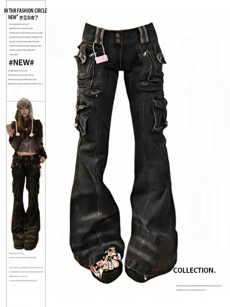 Women Gyaru Japanese Cyber Punk Bell-Bottom Harajuku Y2K Dark Academia Jeans Low Rise Flare Denim Pants Goblin Core HalloweenT250319