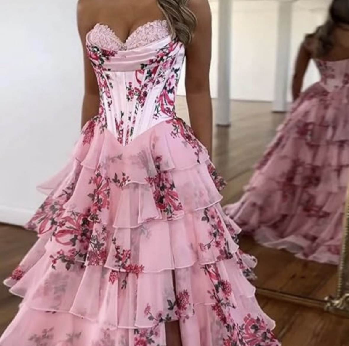 Ruffles Tiered Floral Chiffon Prom Dresses High Slit A-Line Sweetheart Neckline Sleeveless Long Pink Evening Gown Girls Boutique Special Occasion Dres