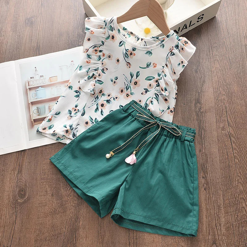 Bear Leader Kids Girl Clothes Fashion Sling Flower Bow Baby Girls Shirt Stripe Shorts 2pcs Suit Children Clothing Sets 250319