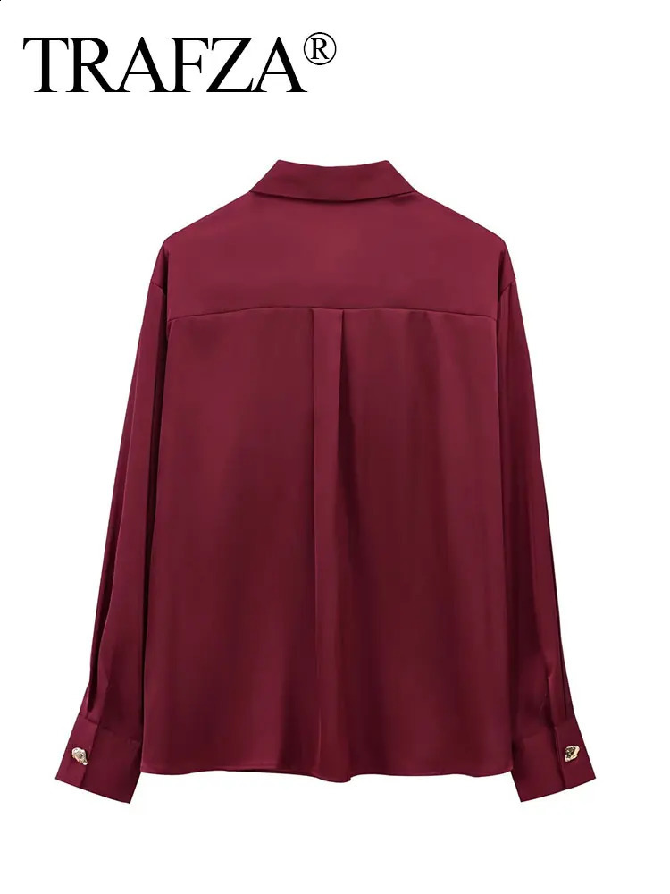 TRAFZA Womens 2025 Spring Elegant Silk Satin Wine Red Shirt Long Sleeve Solid Collar Metal Chest Office Fashion 250319