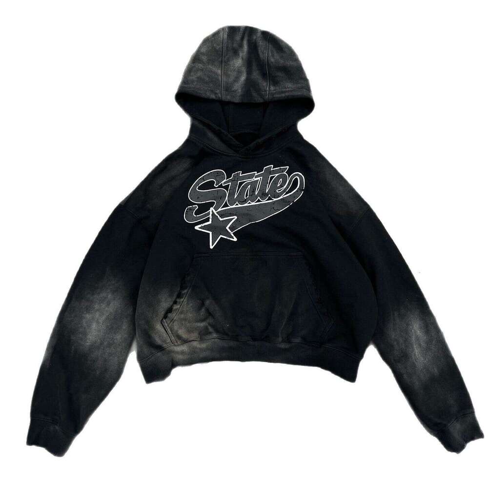 Trendy washed hip-hop high street casual loose print dark style couple hoodie