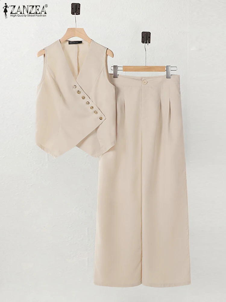2PCS Fashion Tracksuits Summer Pants Set ZANZEA Elegant Sleeveless Shirt OL Work Clothes Loose Matching 250319