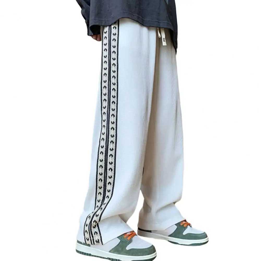 High Street Casual Trousers Drawstring Elastic Waist Waffle Grid Trendy All-Match Spring Sweatpants Straight Tube Male Trousers X250319