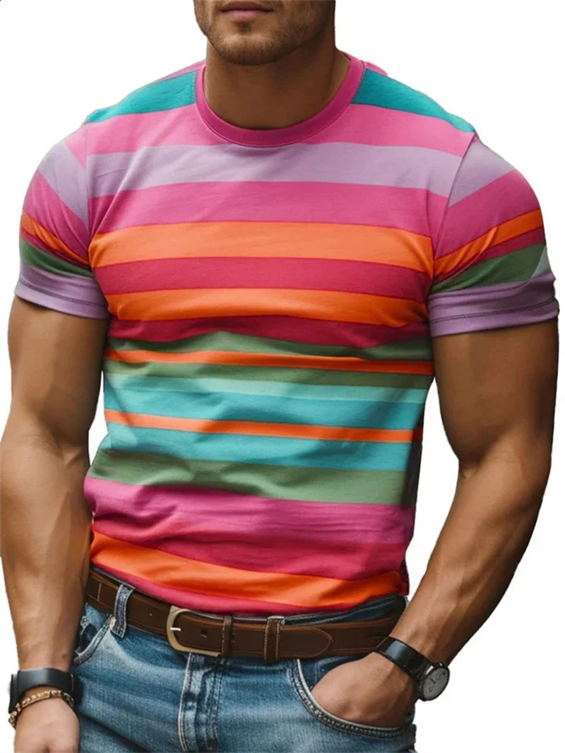 Mens Retro Stripe 3D Printed T Shirt Summer Casual Short Sleeve Fashion Crew Neck Tshirt Loose Breathable Sports Tees Pullovers 250319